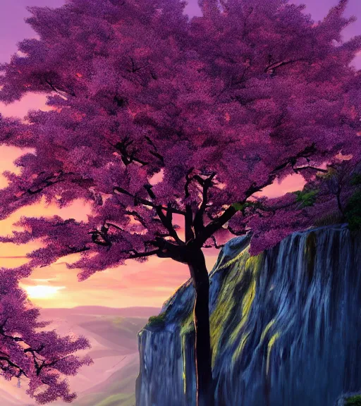 Image similar to featured on artstation cherry tree overlooking valley waterfall sunset beautiful image stylized digital art