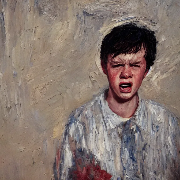 Image similar to warmly lit close up studio portrait of young angry!! teenage Jimmy Carter angrily singing, impasto oil painting thick brushstrokes by Cy Twombly and Anselm Kiefer , trending on artstation dramatic lighting abstract Expressionism