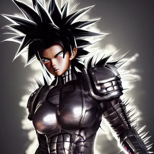 Image similar to warrior girl, muscular girl, wild spiky black saiyan hair, long spiky hair, electrified hair, wearing chrome silver armor and black spandex pants, ultra realistic, intricate details, highly detailed, subsurface scattering, photorealistic, octane render, 8 k, art by artgerm, greg rutkowski, magali villeneuve, alphonse mucha