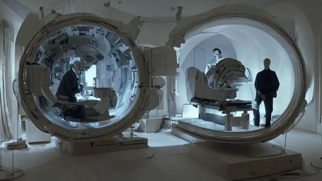 Image similar to an mri section of james cavell in the living room, film still from the movie directed by denis villeneuve with art direction by salvador dali, wide lens