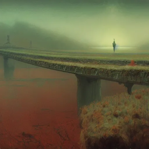 Prompt: A beautiful painting of A bridge over a plain by Zdzisław Beksiński and Ilya Repin,In style of Post-Apocalyptic.digital art, illustration,hyper detailed,smooth, sharp focus,trending on artstation,oil on the canvas,4k