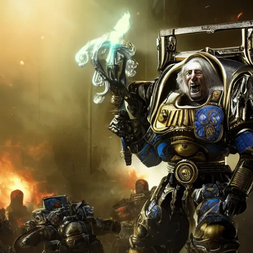 Image similar to Portrait of Jimmy Saville as the emperor of humanity from warhammer 40k in Gears of War, splash art, movie still, cinematic lighting, dramatic, octane render, long lens, shallow depth of field, bokeh, anamorphic lens flare, 8k, hyper detailed, 35mm film grain