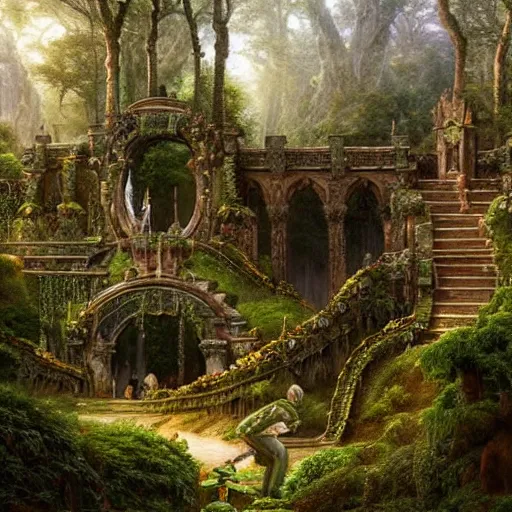 Image similar to a beautiful and highly detailed matte painting of an elven temple in a magical fantasy garden in a lush forest, intricate details, epic scale, insanely complex, 8 k, sharp focus, hyperrealism, very realistic, by caspar friedrich, albert bierstadt, james gurney, brian froud,