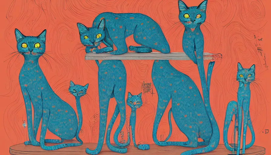 Image similar to artwork of really tall sitting cats by james jean, thick brush, 4 k resolution