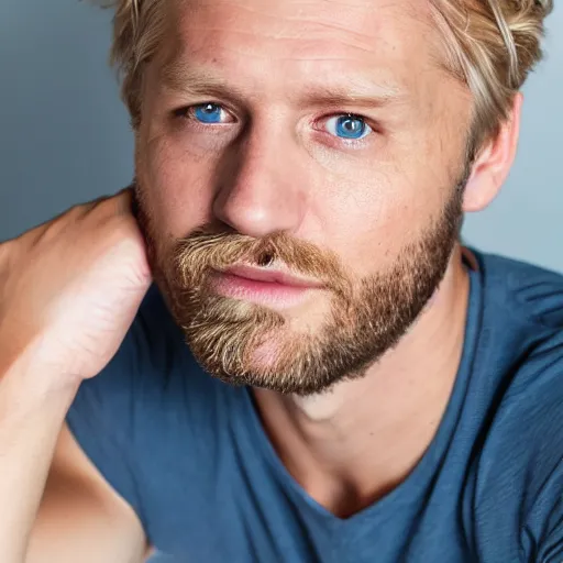 Image similar to close up of face of 4 0 year old anglo slavic blond man with blond stubble, very short wavy blond hair, very dark blue eyes, portrait, 4 k