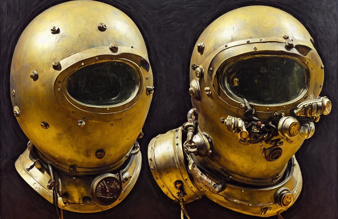 Image similar to portrait of deep sea diver helmet, the notorious b. i. g.!!!!!!!!!!!!!!!!!!!!!!!!!!!, detailed face, detailed painting, epic lighting, by ilya repin, phil hale and kent williams