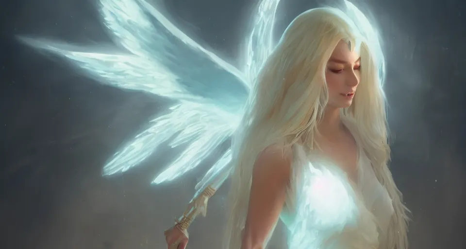 Image similar to blonde fantasy goddess, white elegant clothing, glowing aura, angel wings, artstation, 4 k, greg rutkowski, concept art, matte painting
