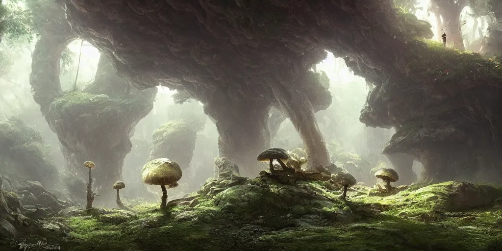 Image similar to an enormous mushroom grows in an eery cave, fantasy, magical lighting, Greg Rutkowski and Studio Ghibli and Ivan Shishkin