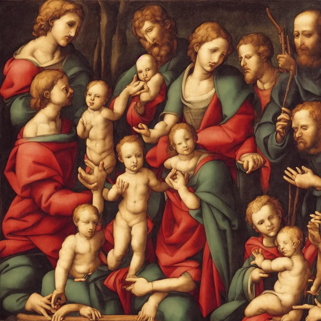 Image similar to The Holy Family, depicting Virgin Mary, Saint Joseph, the god child and young Saint John the Baptist, Painting by Raphael