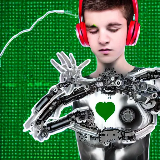 Image similar to sci-fi mechanical exploding pulsating human green heart of a 14yo boy, clockwork mechanical, sci-fi jewellery, hyper realistic, human anatomy, robot, listening to music through headphones, background is a green cotton surgical sheet