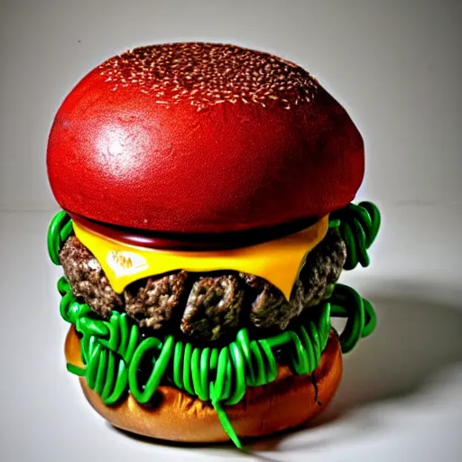 Image similar to cheeseburger sculpture made out of rusty barbed wire.