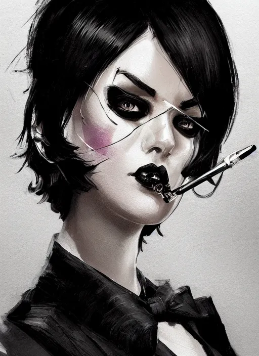 Image similar to a highly detailed illustration of short black haired woman wearing black eyepatch and noir style suit and tie, dramatic smoking pose, intricate, elegant, highly detailed, centered, digital painting, artstation, concept art, smooth, sharp focus, league of legends concept art, WLOP