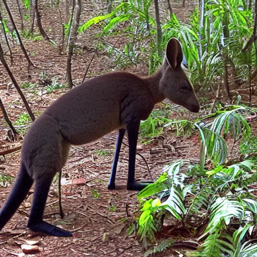 Image similar to photograph of a black Kangaroo spying in a dense jungle, military kangaroo, machine gun