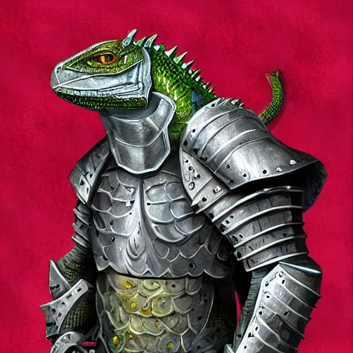 Image similar to lizard wearing knight armor, Lizardman, D&D, digital painting, highly detailed, concept armor, sharp focus