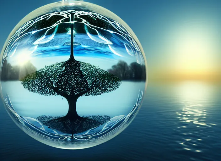 Image similar to glowing transparent crystal ball on a beautiful lake, radiant light, tree of life inside the ball, intricate details, reflections on the water, ripples, moody sky, hyperdetailed illustration by mark brooks, by yuumei, unreal engine 5, low light, rule of thirds