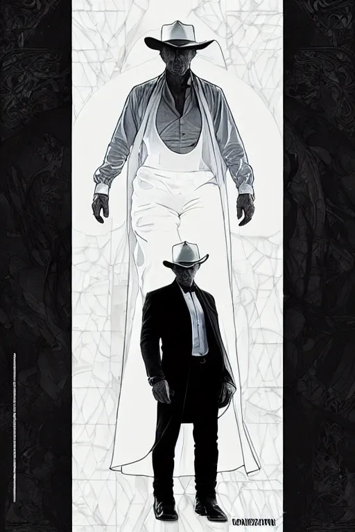 Image similar to ed harris as the man in black, westworld, wearing an all white outfit in the style of art by artgerm and greg rutkowski and alphonse mucha