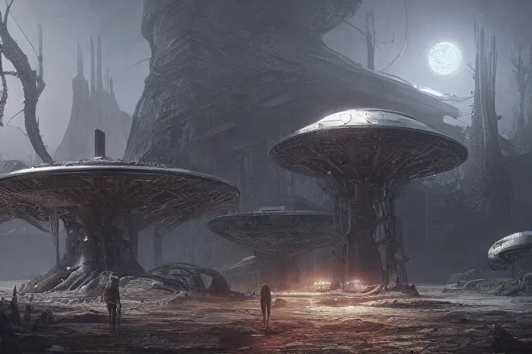 Image similar to ufo, concept art, intricate details, eerie, highly detailed, photorealistic, octane render, 8 k, unreal engine. art by greg rutkowski and james gurney and h r giger