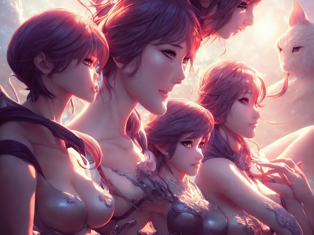 Image similar to lovely summoner girls with their magical animal companions, occlusion shadow, specular reflection, rim light, unreal engine, artgerm, artstation, art by hiroaki samura and ilya kuvshinov and ossdraws, high quality, intricate detailed 8 k, fantasy illustration, extremely beautiful and aesthetic shape of face and body, movie poster