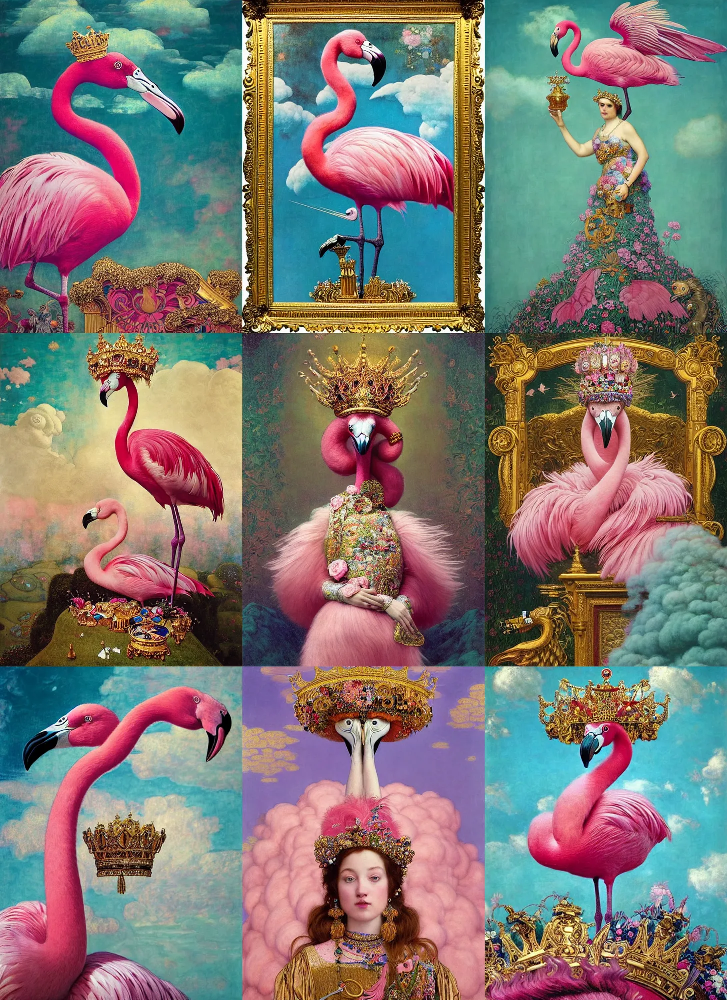 Prompt: “ a majestic portrait of a flamingo wearing a crown, on a throne of clouds, titian, sam spratt, maxfield parrish, gustav klimt, tom bagshaw, mark ryden, alphonse mucha, high detail, 8 k, intricate ornamental details, vibrant iridescent colors, pink aqua and gold ”