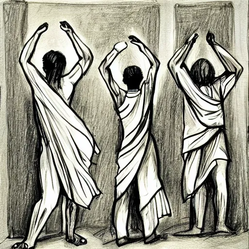 Prompt: a gesture draw of people in Biblical clothing dancing. Gesture draw, pen