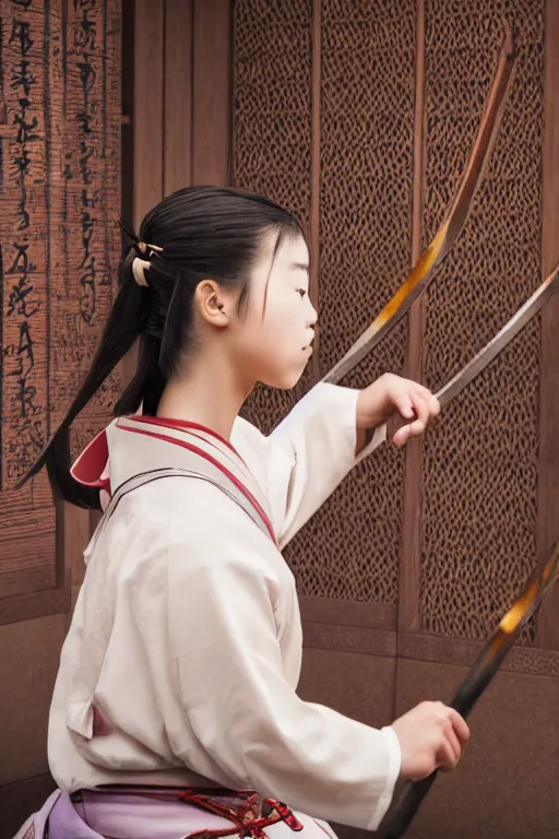 Image similar to highly detailed beautiful photo of a young female samurai, practising sword stances in a temple, symmetrical face, beautiful eyes, realistic anime art style, 8 k, award winning photo, pastels, action photography, 1 / 1 2 5 shutter speed, dramatic lighting