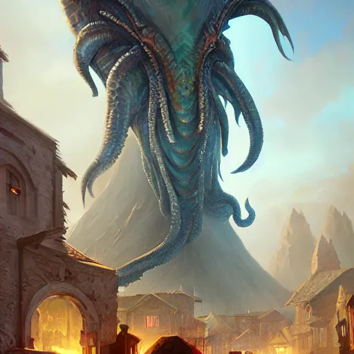 Prompt: gigantic cthulhu, small village for size comparison, dramatic light, painted by stanley lau, painted by greg rutkowski, painted by stanley artgerm, digital art, trending on artstation