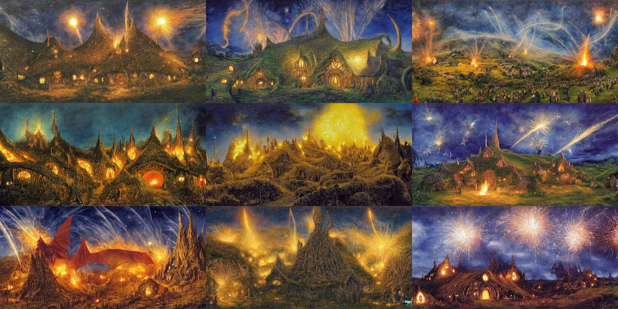 Prompt: hobbiton at night, a dragon shaped firework explodes in the sky above bag end and the party tree, by alan lee, intricate, firework smoke trails, lord of the rings calendar, oil painting.