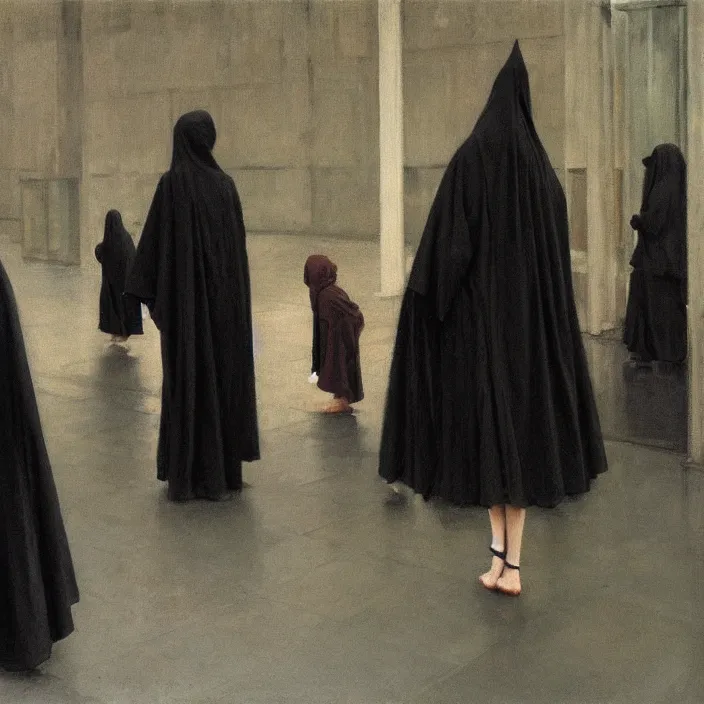 Prompt: woman in black robes, back to us, in magnificent shopping mall, artstation, art by edward hopper, zdislav beksinski, wayne barlowe, edward hopper