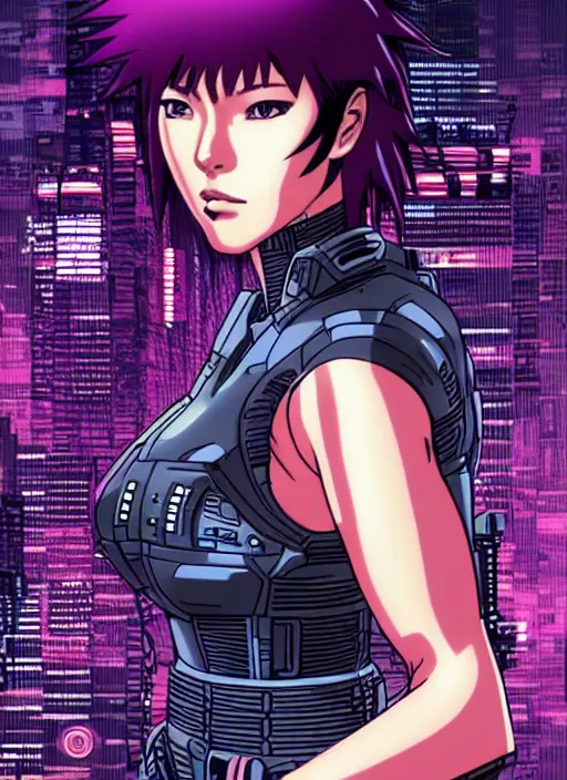 Image similar to motoko kusanagi in grungy cyberpunk megacity, intricate and finely detailed, cyberpunk vaporwave, portrait by j scott campbell, phil jimenez, ilya kuvshinov