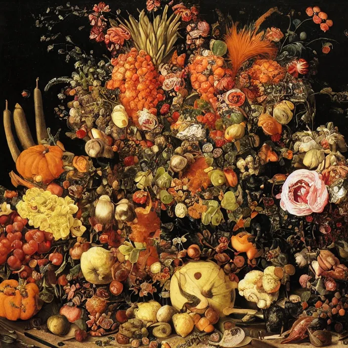 Image similar to victorian thanksgiving feast, flowers and fruits in a garden at night, black background, vanitas, a still life by giuseppe arcimboldo, a flemish baroque by jan van kessel the younger, intricate high detail masterpiece