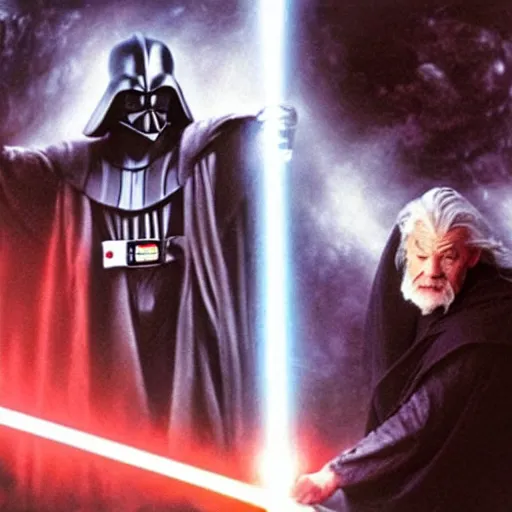 Image similar to gandalf fighting darth vader,