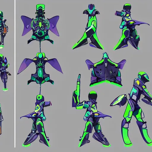 Prompt: character design sheets for an ancient manta ray battle mech flight suit, art by tim shafer from his work on psychonauts 2 by double fine, and inspired by splatoon by nintendo, blacklight