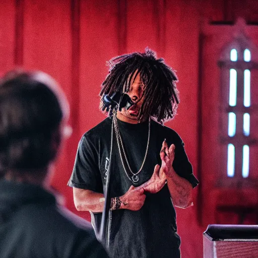 Image similar to cinematic still of Trippie Redd preaching at a Baptist Church in Rural Tennessee, close up, shallow depth of field, cinematic