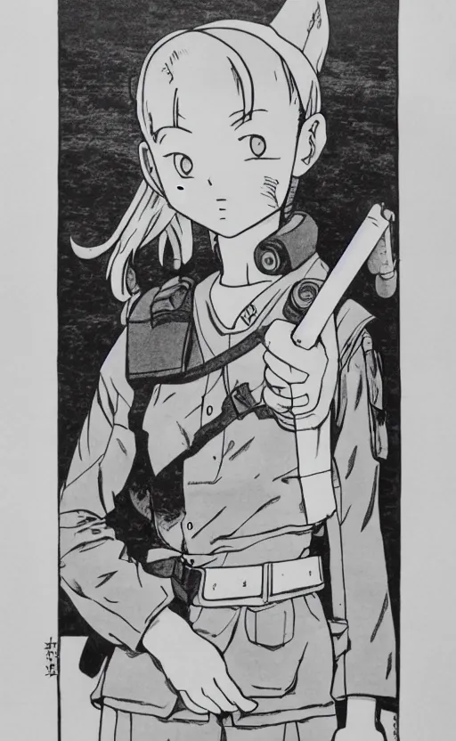 Image similar to manga, monochromatic, toriyama akira, portrait of soldier girl indicating a direction with her arm