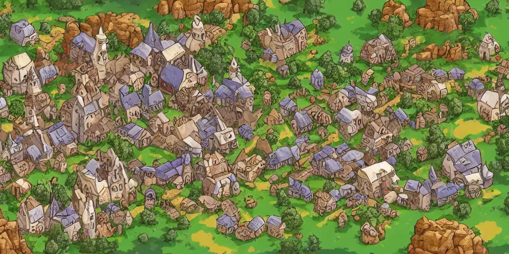 Image similar to a high detailed village vector art presenting an aerial view of a cartoonish rpg village by dungeondraft, dofus, patreon content, containing tables and walls, hd, straight lines, vector, grid, dnd map, map patreon, fantasy maps, foundry vtt, fantasy grounds, aerial view, dungeondraft, tabletop, inkarnate, dugeondraft, roll 2 0
