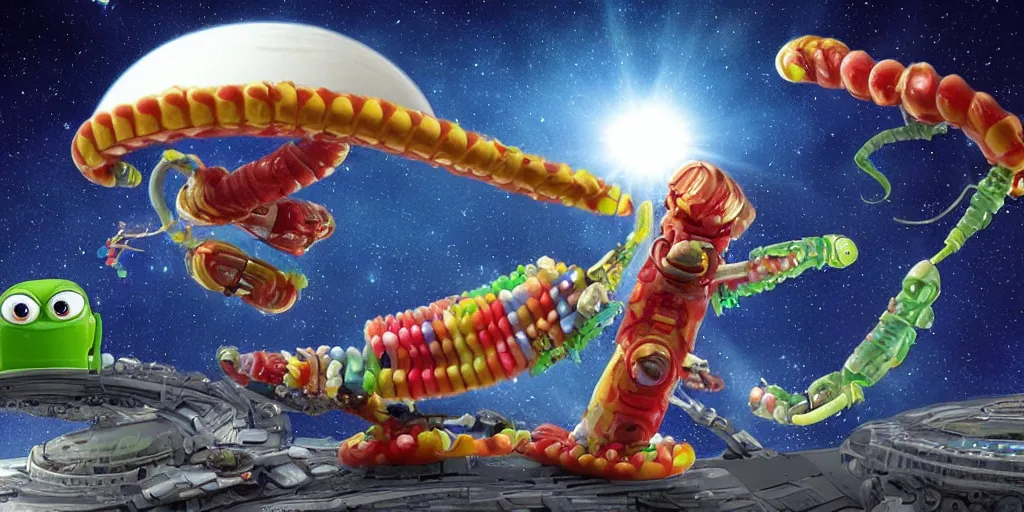 Image similar to a 3 d rendered movie still a gummi worm descendant 1 million years from now. gummi worm wears a spacesuit, and explores cosmos in a super awesome space ship. science fiction blockbuster movie gummi worms rule the world or my stepmom is a gummie worm from space, imax 7 0 mm. bladerunner, silent running, wall - e