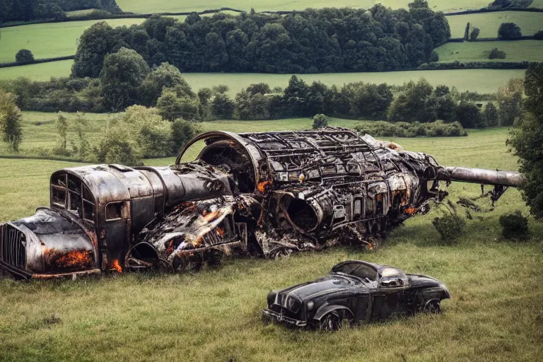 Image similar to beautiful english countryside, a ginormous destroyed dieselpunk machine lies broken in a field, fire and oil