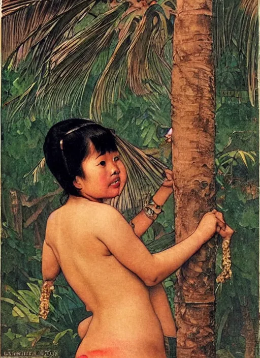 Prompt: a beautiful asian girl with a coconut tree tattoo on her stomach by Norman Rockwell