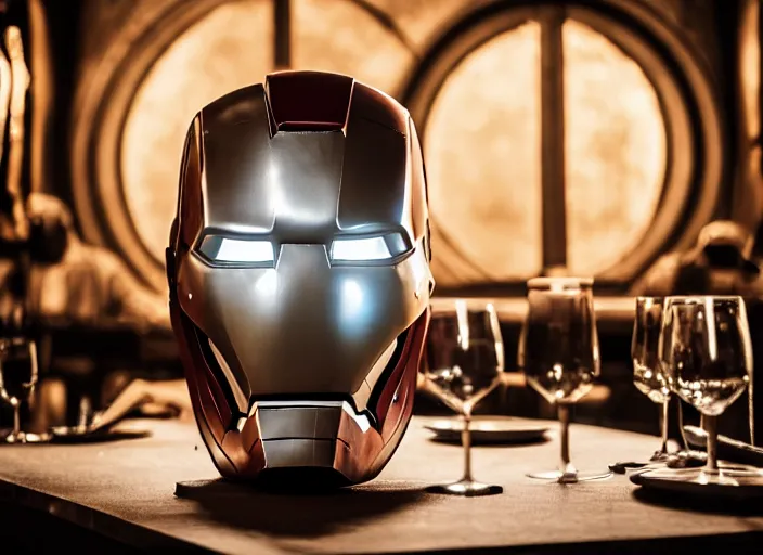 Prompt: a reflective steel engineering mask of ironman at a high end bar in a table, medieval themed castle in golden afternoon light, professional food photography