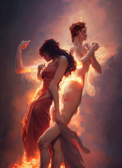 Image similar to a couple made of fire and smoke, full body view, beautiful high quality realistic fantasy art, trending on artstation by artgerm and greg rutkowski and alphonse mucha