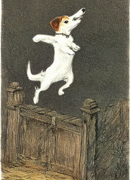 Image similar to jack russel terrier jumping from the ground over a short wall, illustrated by peggy fortnum and beatrix potter and sir john tenniel