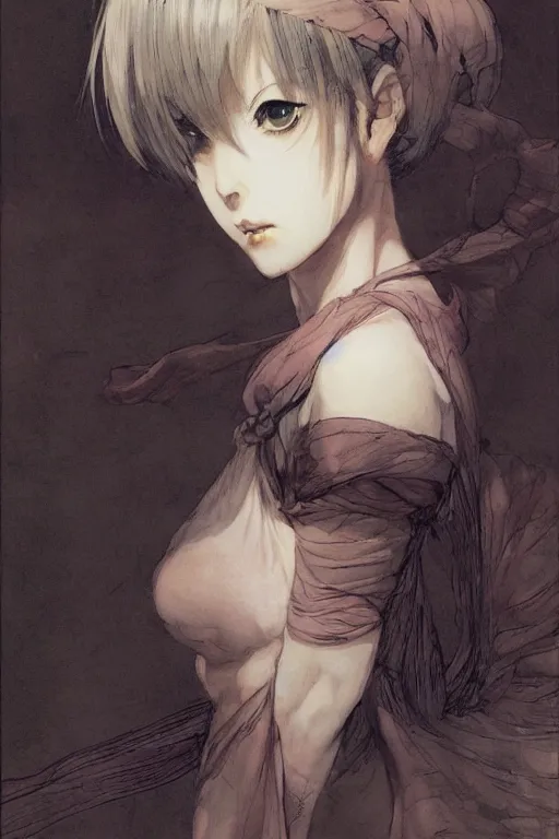 Image similar to Portrait of anime woman by Amano Yoshitaka, Kentaro Miura, Claire Wendling ,Krenz Cushart