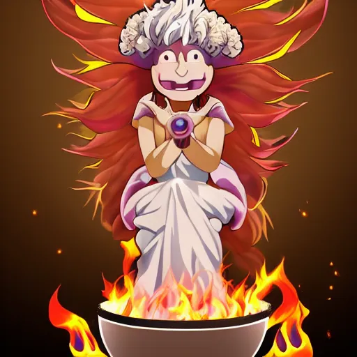 Image similar to fluffy popcorn elemental spirit anime character with a smiling face and flames for hair, sitting on a lotus flower, clean composition, symmetrical