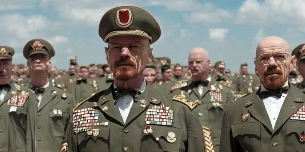 Prompt: A photo of Walter White as the supreme commander of the army standing at a military parade