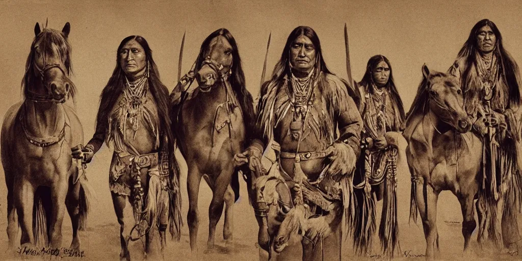 Image similar to realistic portrait of native americans with horses, golden, 1 4 5 0, ink, ultra realistic, 8 k