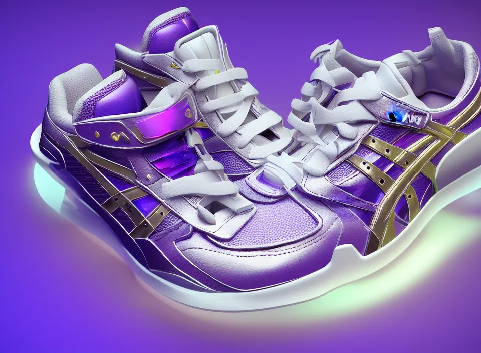 Prompt: realistic 3 d render of a futuristic sneaker, beautiful studio lighting, soft, sharp focus, neon glowing lines, intricate detail, purple and blue leather, soft white rubber, shiny plastic, hexagon mesh, gold filigree, octane render, side view, close up, trending on artstation, deviantart, asics, salomon