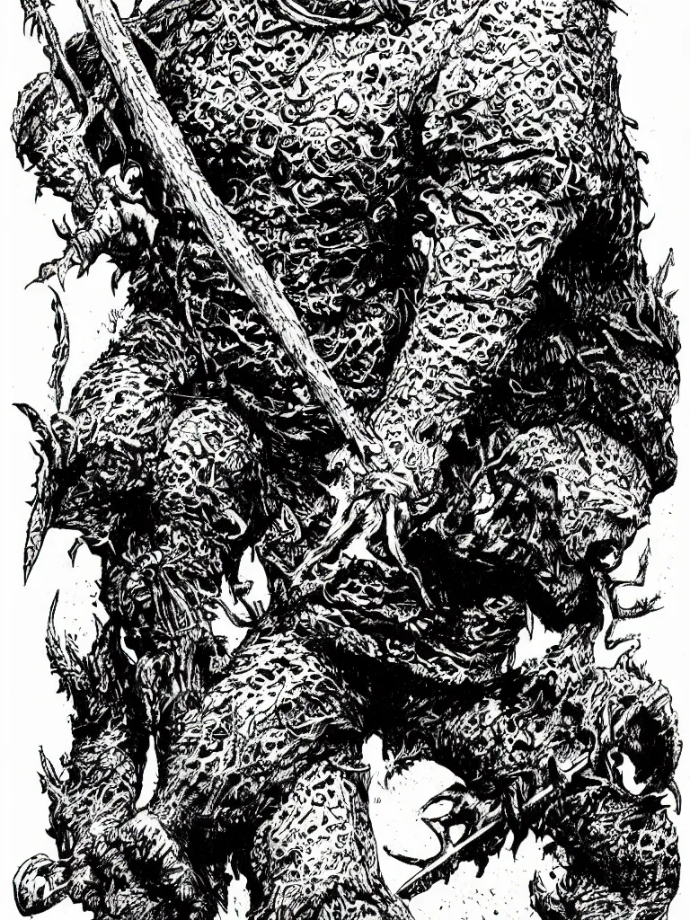 Prompt: Jason Voorhees as a D&D monster, pen-and-ink illustration, etching, by Russ Nicholson, DAvid A Trampier, larry elmore, 1981, HQ scan, intricate details, high contrast