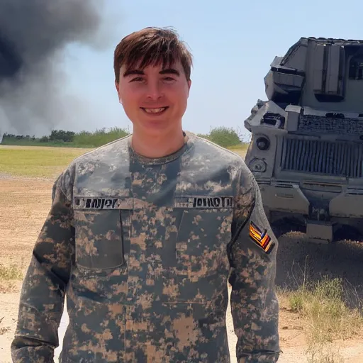 Image similar to mrbeast standing in front of an active military battlefield, posing, charismatic, gunfire, explosions in background