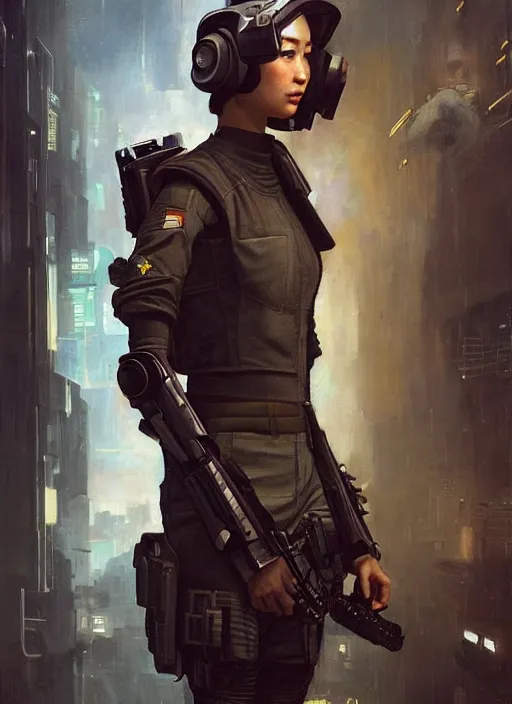 Prompt: Nikki tanaka. beautiful cyberpunk female USN marine wearing a military vest and military stealth suit (cyberpunk 2077, bladerunner 2049). gorgeous face. Iranian orientalist portrait by john william waterhouse and Edwin Longsden Long and Theodore Ralli and Nasreddine Dinet, oil on canvas. Cinematic, hyper realism, realistic proportions, dramatic lighting, high detail 4k