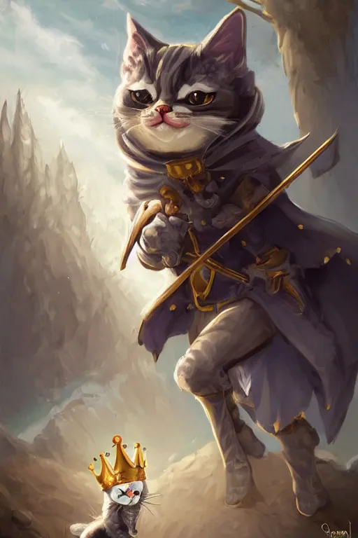 Image similar to cute anthropomorphic Tuxedo cat knight wearing a cape and a crown and holding a bow, tiny, short, pale blue armor, cute and adorable, pretty, beautiful, DnD character art portrait, matte fantasy painting, DeviantArt Artstation, by Jason Felix by Steve Argyle by Tyler Jacobson by Peter Mohrbacher, cinematic lighting